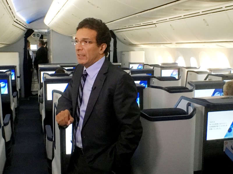 © Reuters. Ihssane Mounir speaks aboard a new 787-9 ready for delivery to ANA Holdings Ltd at Boeing's delivery center in Everett, Washington