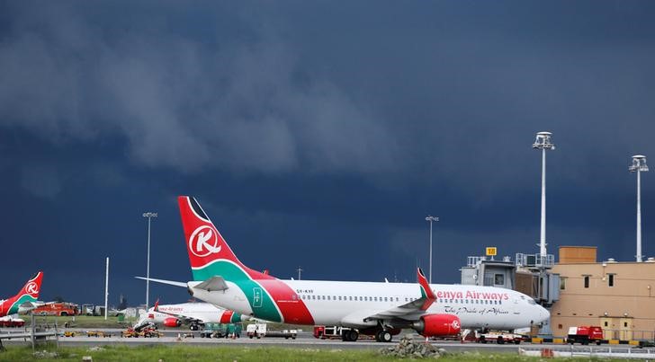 © Reuters. Kenya Airways planes are seen parked at the Jomo Kenyatta International airport near Kenya's capital Nairobi