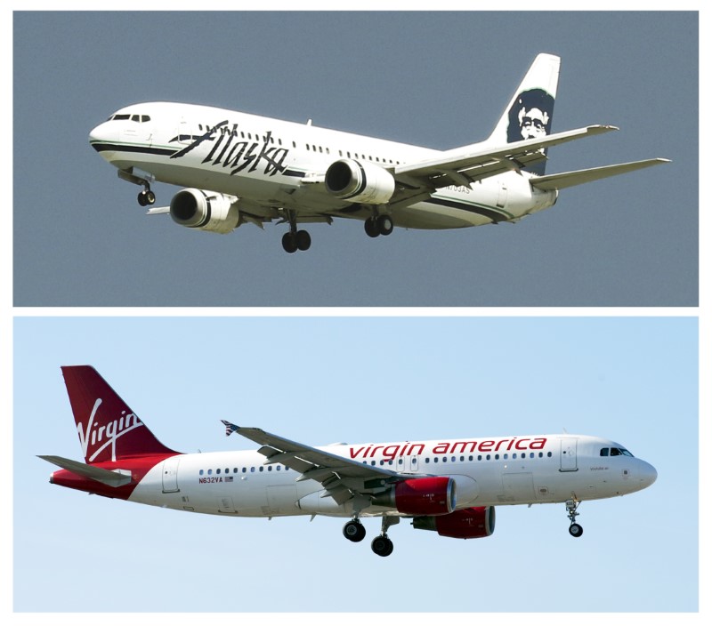 © Reuters. A combination photo showing Virgin America plane and Alaska Airlines planes