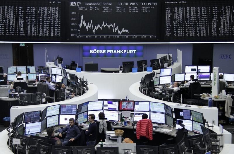 © Reuters. Traders work at their desks in front of the German share price index, DAX board, at the stock exchange in Frankfurt