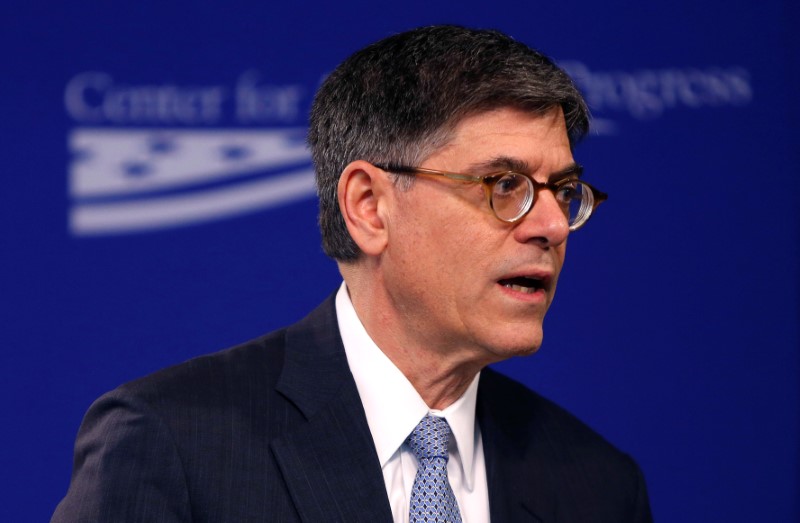 © Reuters. United States Secretary of the Treasury Lew speaks at the Centre for American Progress in Washington