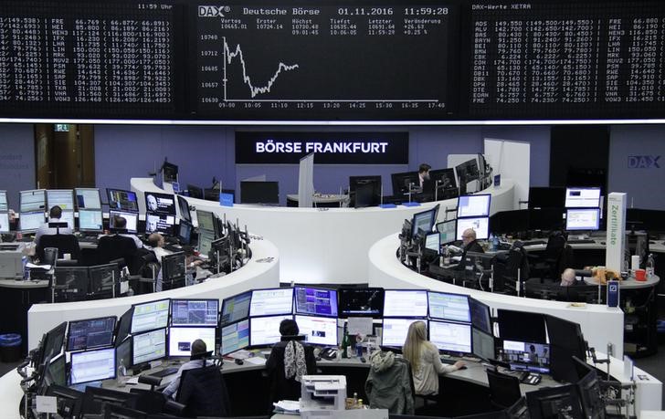 © Reuters. Traders work at their desks in front of the German share price index, DAX board, at the stock exchange in Frankfurt