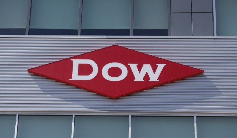 © Reuters. The Dow logo is seen on a building in downtown Midland, Michigan