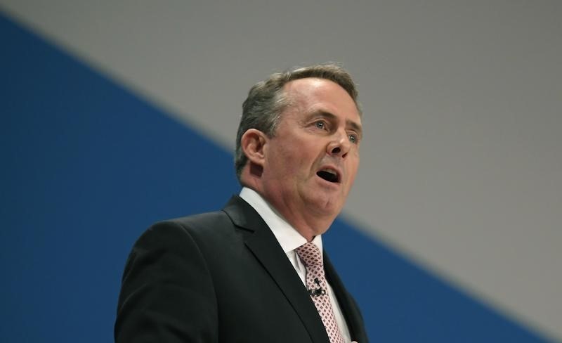 © Reuters. Britain's International Trade Secretary Liam Fox speaks at the Conservative Party conference in Birmingham