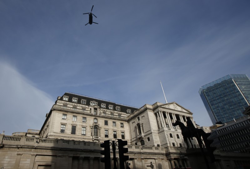 © Reuters. A Chinook helicopter flies over the Bank of England in the City of London