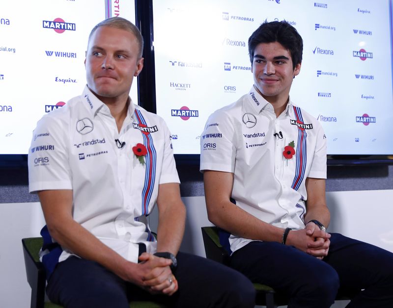 © Reuters. The newly announced Williams Martini Racing driver for the 2017 season Lance Stroll and team-mate Valteri Bottas attend a media conference at their base in Wantage