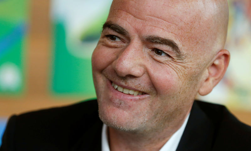 © Reuters. FIFA President Infantino smiles during an interview in Zurich