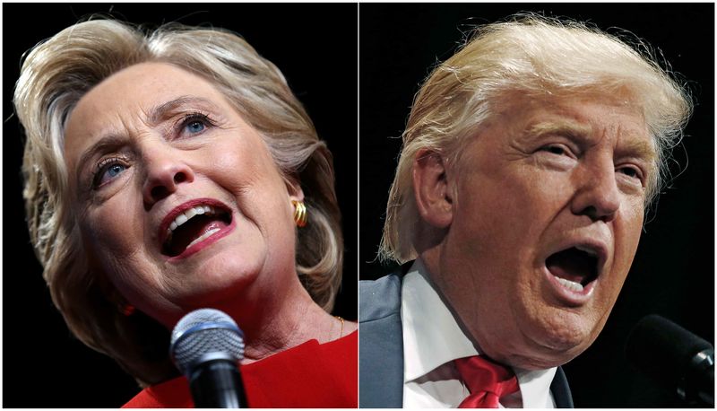 © Reuters. Hillary Clinton e Donald Trump falam durante comício