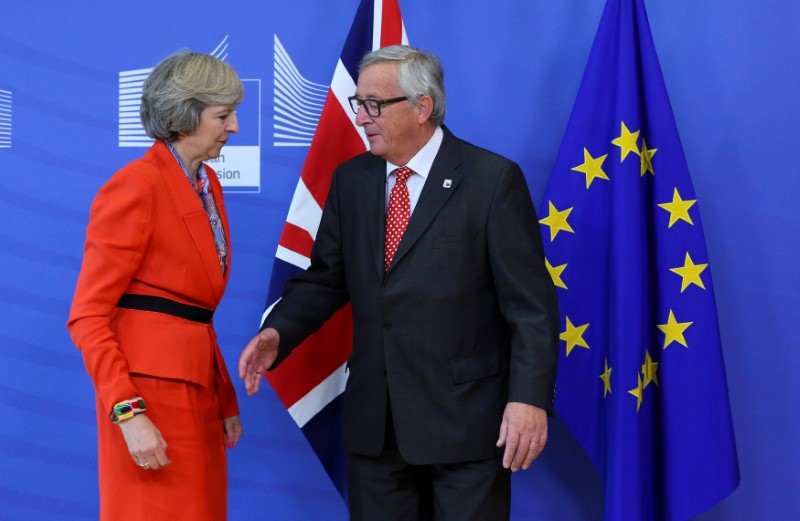 © Reuters. British PM Theresa May is welcomed by European Commission President Jean-Claude Juncker at the EC headquarters in Brussels