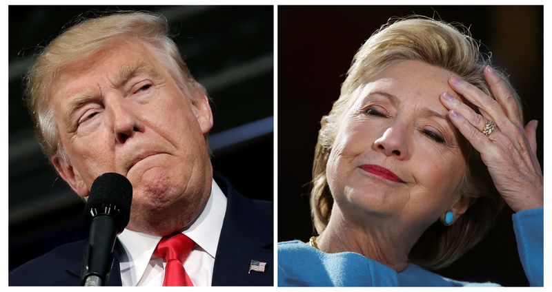 © Reuters. U.S. presidential candidates Donald Trump and Hillary Clinton attend campaign rallies in a combination of file photos