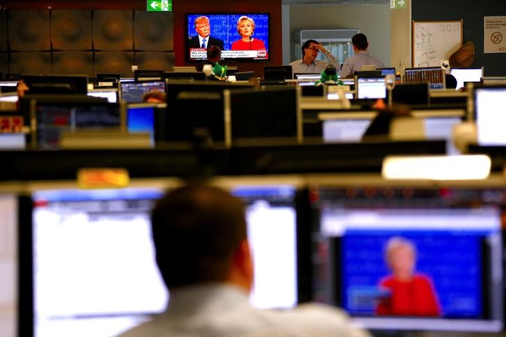 © Reuters. Traders react on the dealing floor of Australia's Westpac Bank in Sydney, Australia, as Republican US presidential nominee Donald Trump and Democratic US presidential nominee Hillary Clinton are displayed on screens