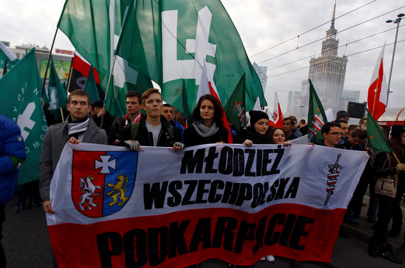 © Reuters. Far-right protesters march during the annual far-right rally, which coincides with Poland's National Independence Day in Warsaw