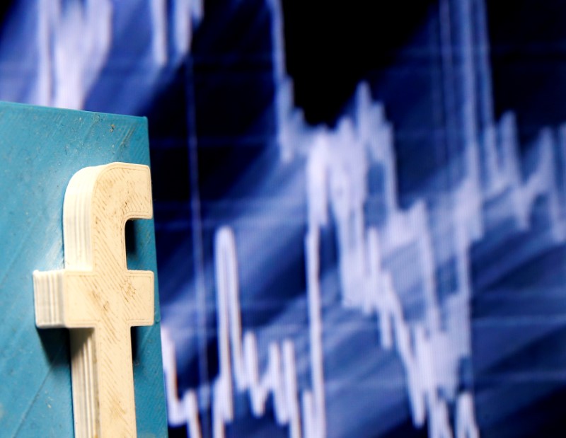 © Reuters. A 3D-printed Facebook logo is seen in front of a displayed stock graph in this illustration taken