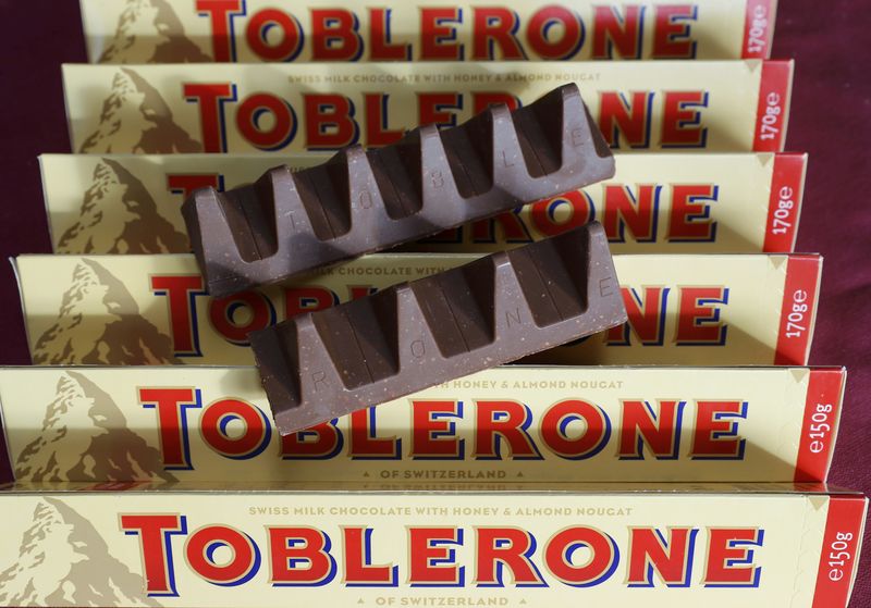 © Reuters. 150g and 170g bars of Toblerone chocolate are illustrated in Loughborough