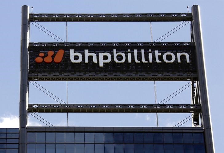 © Reuters. A sign adorns the building where mining company BHP Billiton has their office in Perth, Western Australia
