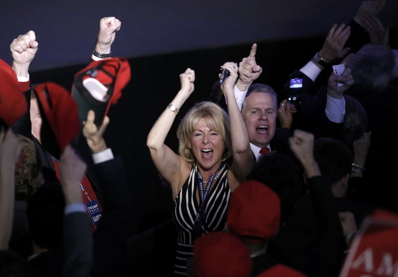 © Reuters. Trump supporters celebrate as election returns come in at Republican U.S. presidential nominee Donald Trump's election night rally in New York