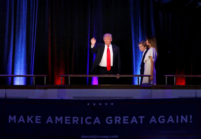 © Reuters. U.S. President elect Donald Trump arrives to address supporters with his son Barron and wife Melania  at election night rally in Manhattan, New York