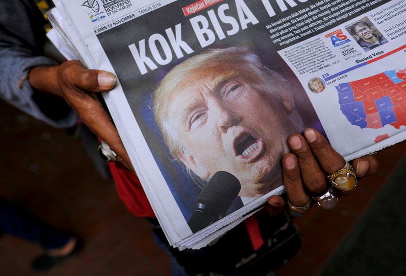 © Reuters. A newspaper seller holds a newspaper with article about the election of U.S. Republican candidate Donald Trump as presidentin Jakarta