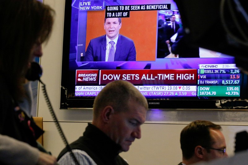 © Reuters. A television shows a CNBC headline "Dow Sets All-Time High" as traders work on the floor  of the NYSE