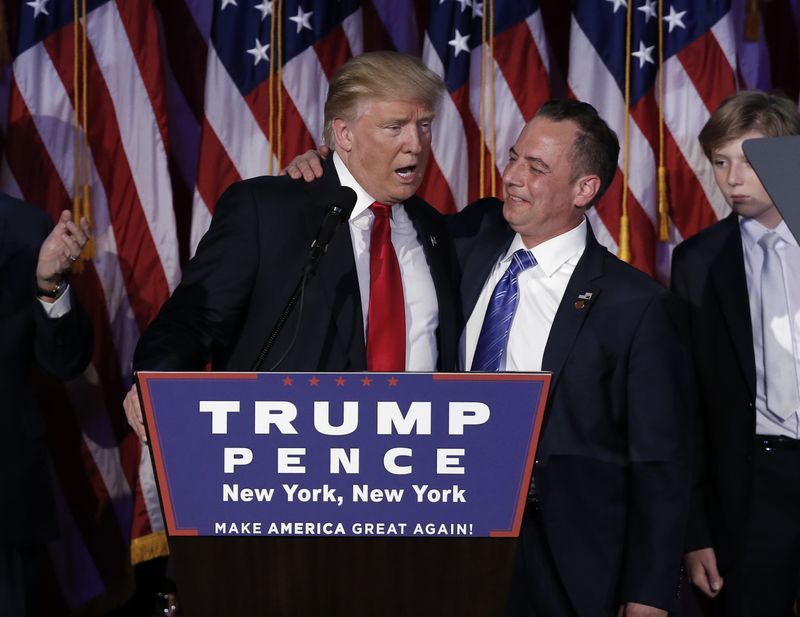 © Reuters. Donald Trump and Reince Priebus address supporters during his election night rally in New York