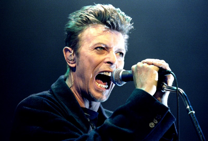 © Reuters. British Pop Star David Bowie screams into the microphone as he performs on stage during his concert in Vienna