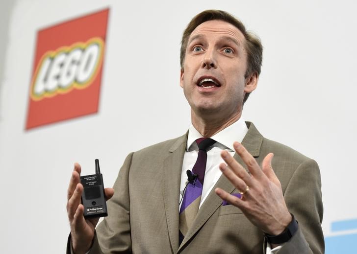 © Reuters. Goodwin CFO of Danish toy company Lego Group delivers his speech during the annual news conference in Billund