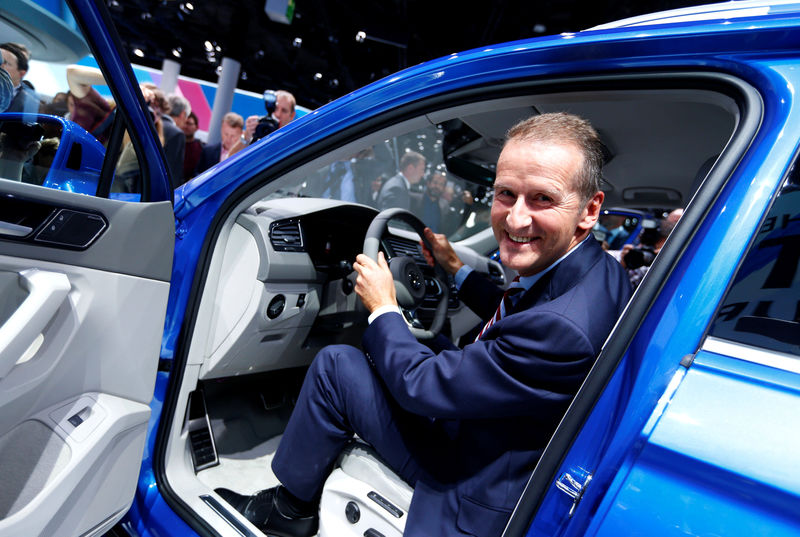 © Reuters. File photo of Chairman of Volkswagen Passenger Cars Diess posing for a photo as he presents the new Volkswagen Tiguan GTE during the media day at the Frankfurt Motor Show (IAA) in Frankfurt