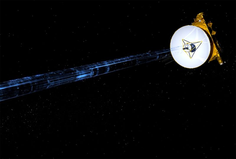 © Reuters. NASA’s New Horizons spacecraft is seen transmitting data back to Earth in an undated artist's illustration.