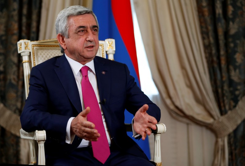 © Reuters. Armenia's President Sargsyan speaks during interview in Yerevan