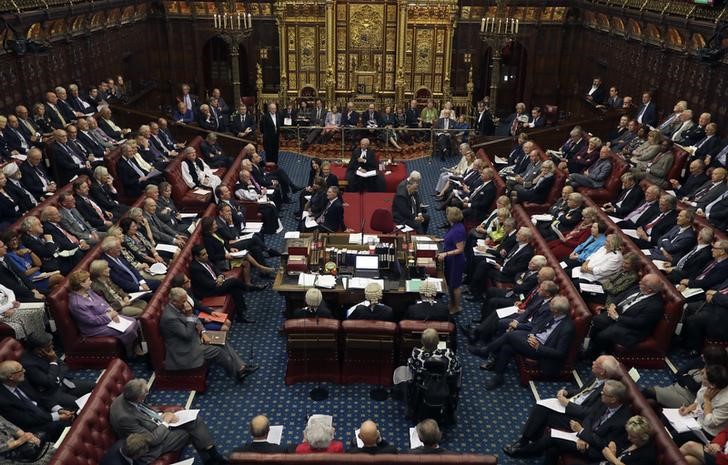 © Reuters. FILE PHOTO - Norman Fowler, the new Lord Speaker speaks in the House of Lords chamber during his first sitting, in London