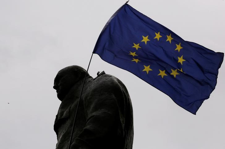 © Reuters. A European Union flag is waved over a statue of former Prime Minister Winston Churchill as demonstrators protest during a "March for Europe" against the Brexit vote result earlier in the year, in London, Britain