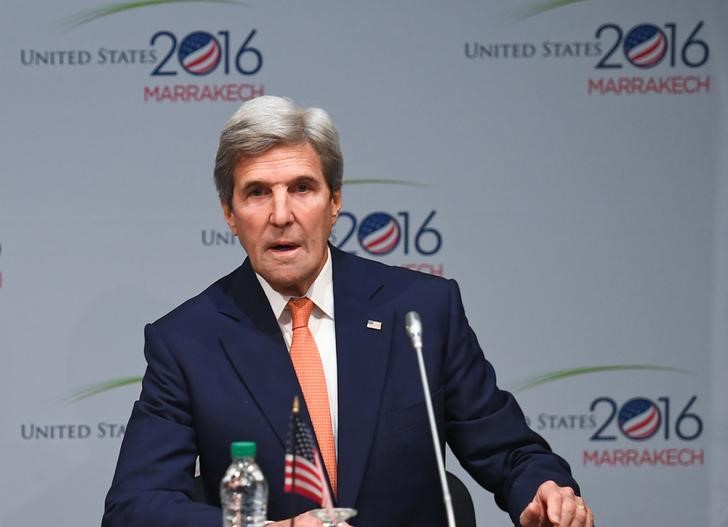 © Reuters. U.S. Secretary of State John Kerry speaks during a Major Economies Forum meeting at the COP22 climate change conference in Marrakech