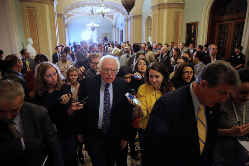 © Reuters. U.S. Senator Bernie Sanders leaves after attending the Senate Democrat party leadership elections at the U.S. Capitol in Washington