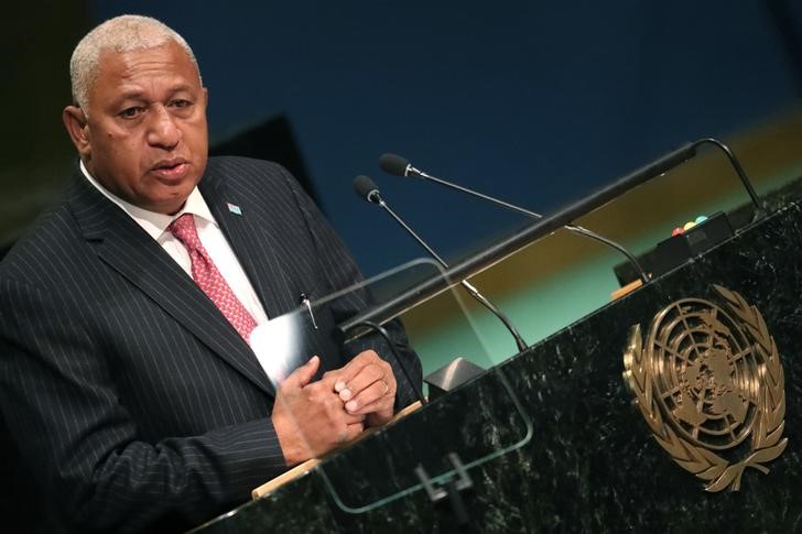 © Reuters. Primeiro-ministro de Fiji, Frank Bainimarama, fala em reunião na sede das Nações Unidas em Nova York, EUA