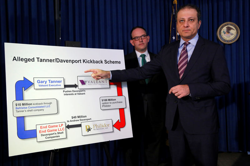 © Reuters. Bharara speaks during a news conference regarding the arrests of former Valeant Pharmaceuticals Inc. executives Tanner and Davenport, in Manhattan