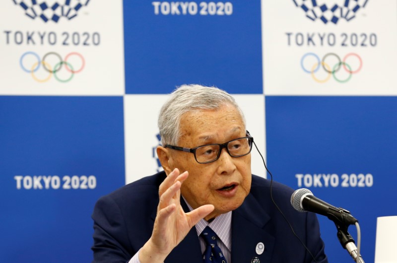 © Reuters. Yoshiro Mori, Japan's President of the Tokyo 2020 Organizing Committee, talks during a news conference in Tokyo