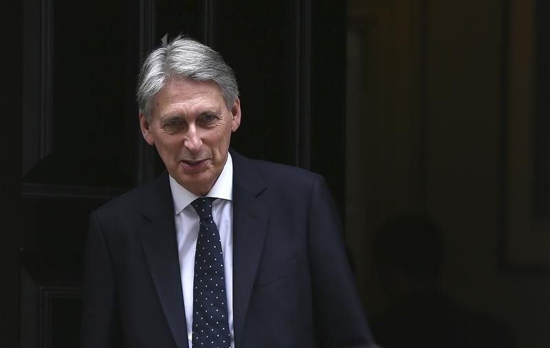 © Reuters. Britain's Chancellor of the Exchequer Phillip Hammond waits to greet Hong Kong's Chief Secretary for Administration Carrie Lam at 11 Downing Street in London