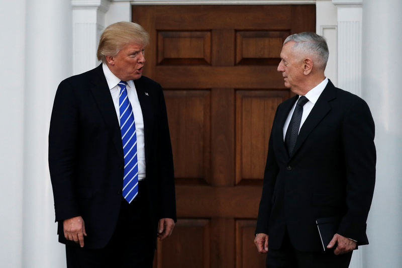 © Reuters. U.S. President-elect Donald Trump stands with retired Marine Gen. James Mattis following their meeting at the main clubhouse at Trump National Golf Club in Bedminster