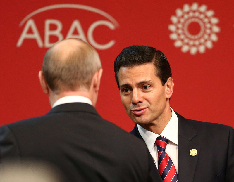 © Reuters. Mexico's President Enrique Pena Nieto talks to his Russian counterpart Vladimir Putin during a meeting of the APEC (Asia-Pacific Economic Cooperation) Business Advisory Council in Lima