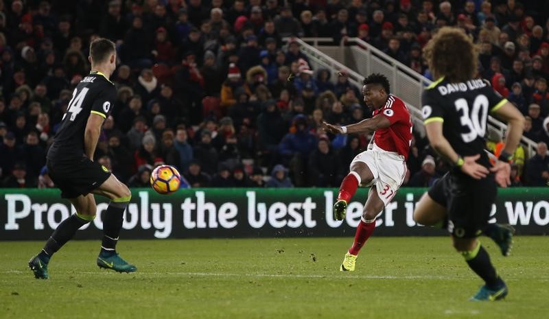 © Reuters. Middlesbrough's Adama Traore shoots over