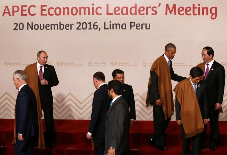 © Reuters. Heads of state gather for a family photo during the APEC (Asia-Pacific Economic Cooperation) Summit in Lima