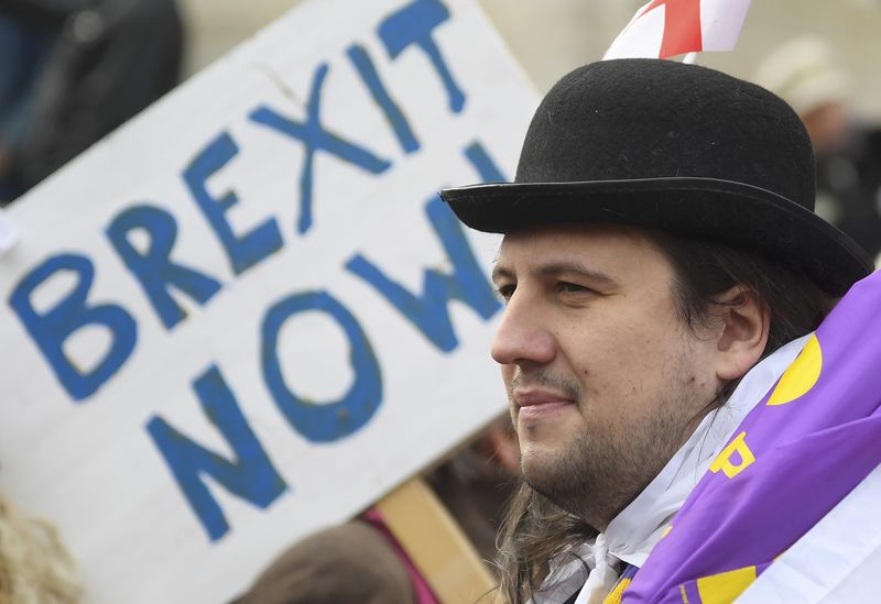 © Reuters. Demonstrators supporting Brexit protest outside of the Houses of Parliament in London, Britain