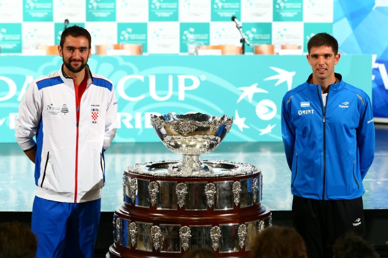 © Reuters. Croatia's tennis team player Marin Cilic and Argentina's tennis team player Federico Delbonis pose for a picture after the official draw for their Davis Cup finals in Zagreb