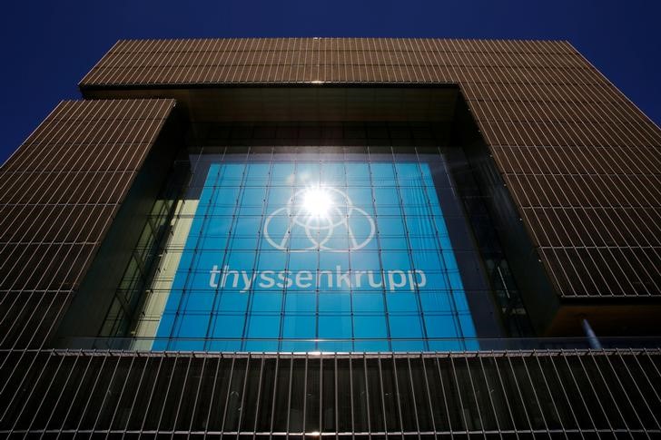 © Reuters. The new logo of ThyssenKrupp is seen at the headquarters of the steel maker and multinational conglomerate in Essen