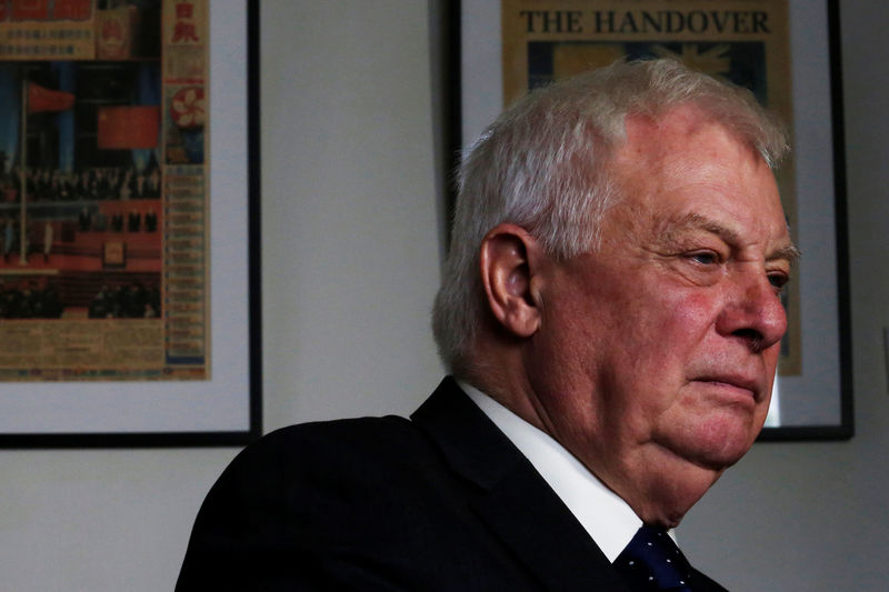 © Reuters. Former Hong Kong governor Chris Patten attends an interview in Hong Kong