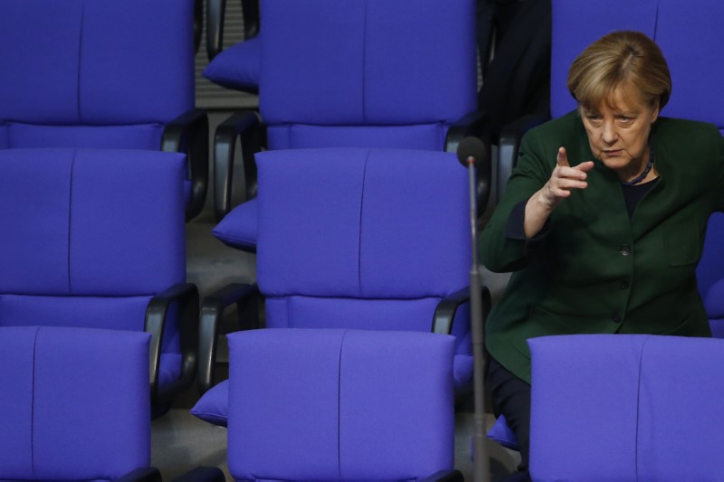 © Reuters. German Chancellor Merkel attends a meeting at the lower house of parliament Bundestag on 2017 budget in Berlin