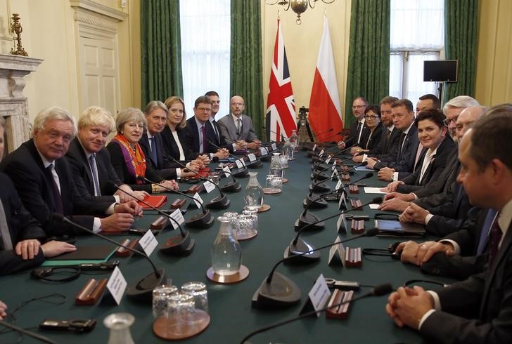 © Reuters. Britain's Prime Minister Theresa May sits opposite her Polish counterpart Beata Szydlo, along with an intergovernmental consultation team from both countries, in the Cabinet Room in 10 Downing Street in central London