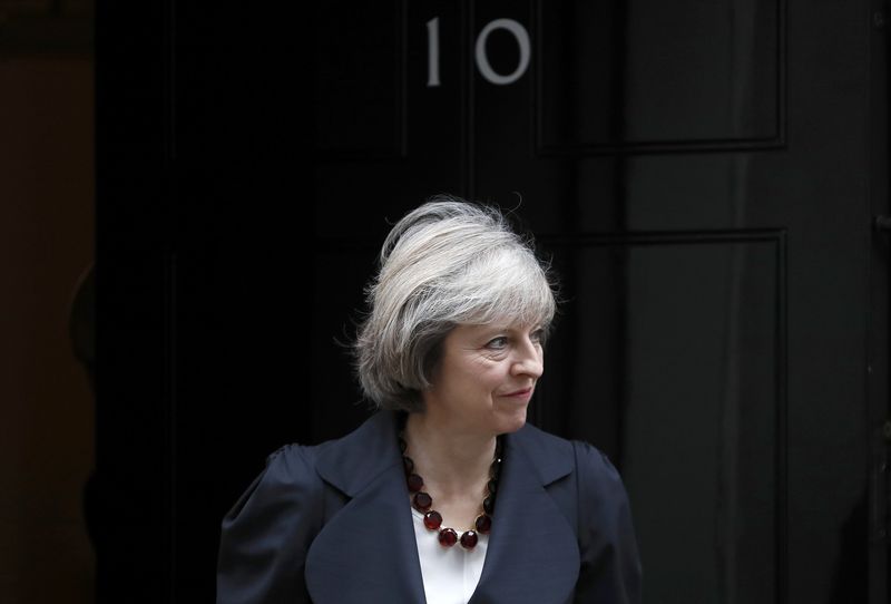 © Reuters. Britain's Prime Minister Theresa May waits to greet Belgian Prime Minister Michel at Downing Street in London