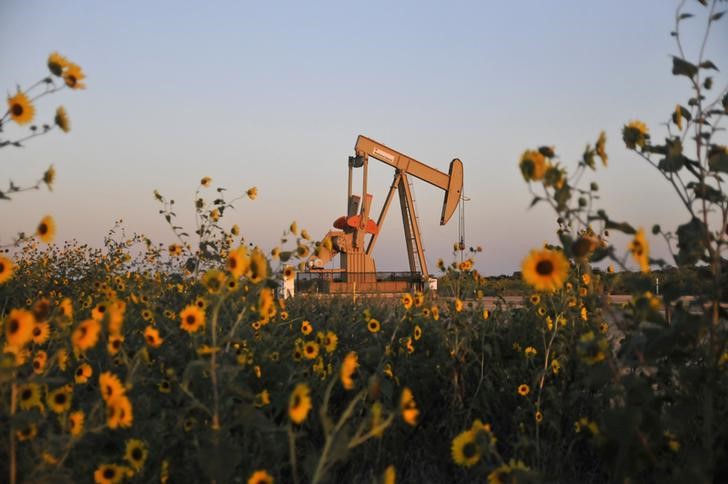 © Reuters. Станок-качалка на нефтяной скважине, арендуемой компанией Devon Energy Production, в штате Оклахома