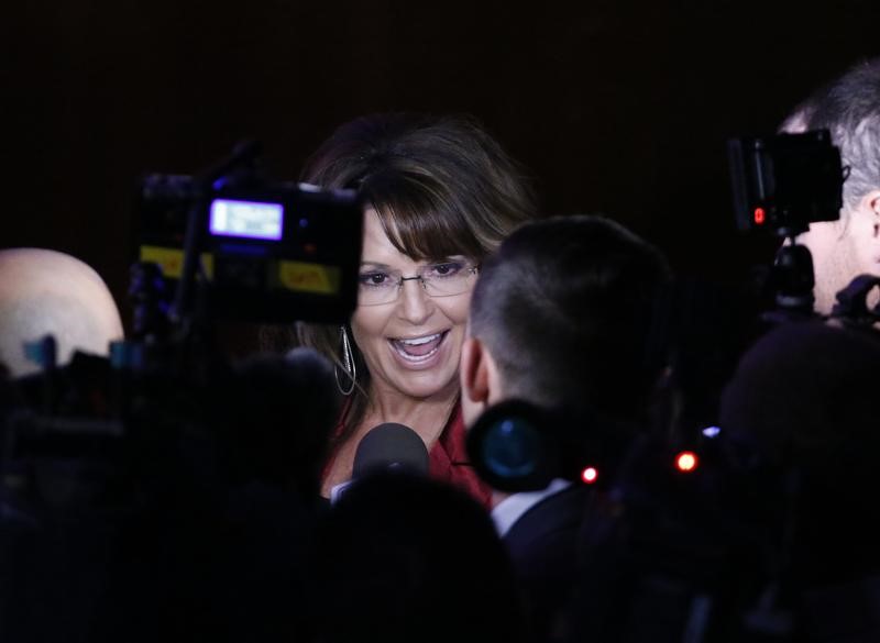 © Reuters. Sarah Palin is interviewed at Republican U.S. presidential nominee Donald Trump's election night rally in New York